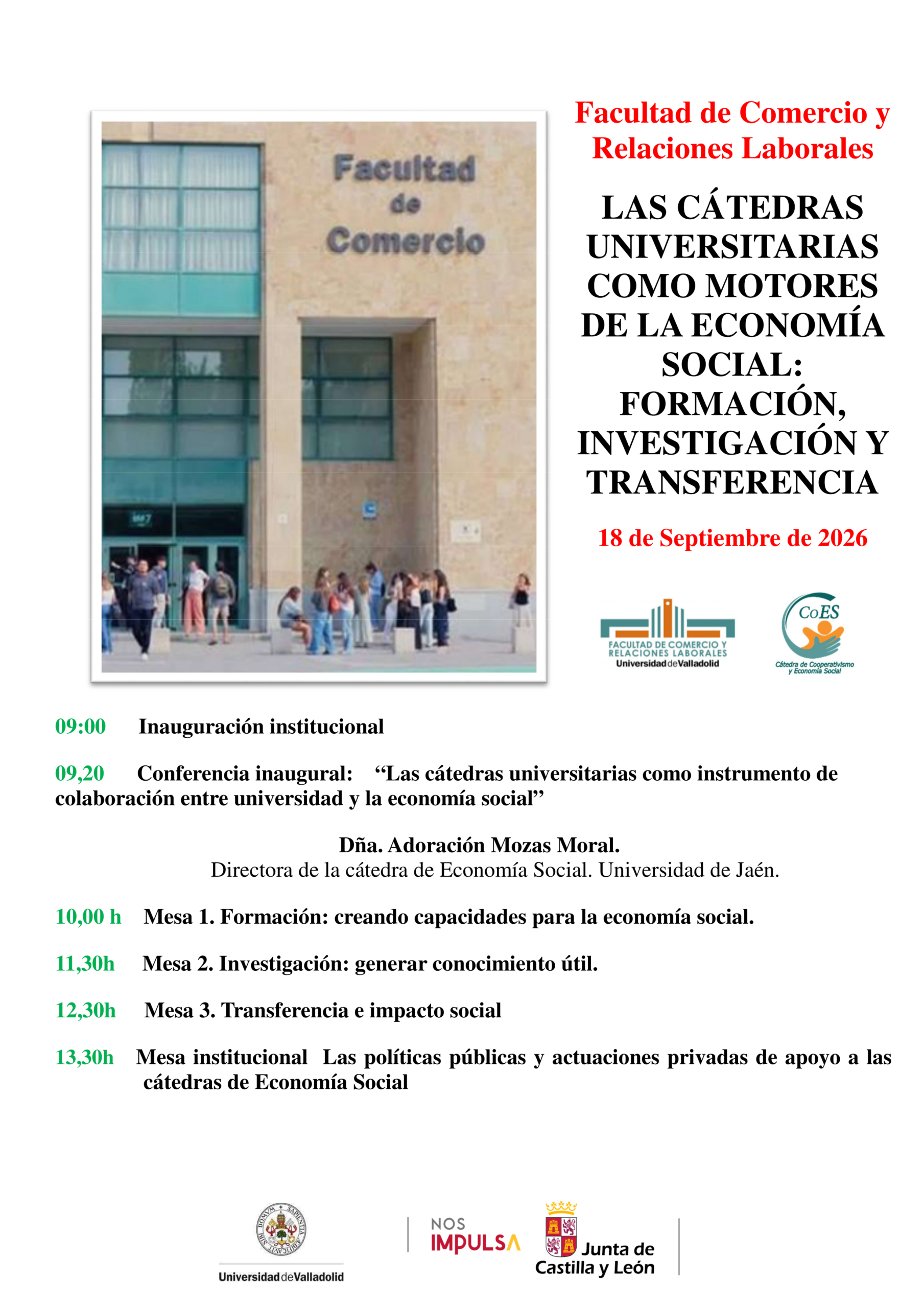 Cartel jornada 18/09/2026. LAS CÁTEDRAS UNIVERSITARIAS COMO MOTORES DE LA ECONOMÍA SOCIAL: FORMACIÓN, INVESTIGACIÓN Y TRANSFERENCIA